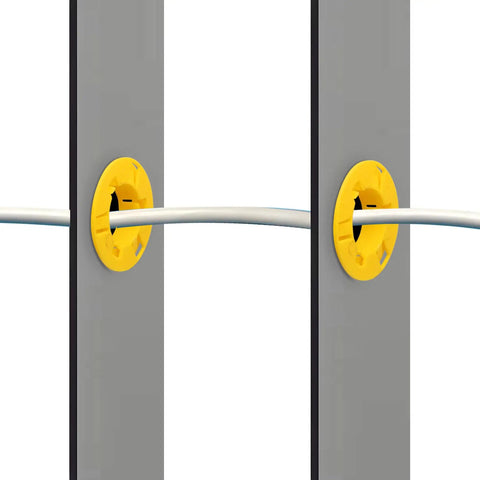 Pro Grade Plastic Bushing For Metal Studs Pack Of 100 Grommet Protector Rust Proof And Corrosion Resistant Protect Wire Insulation From Sharp Edges And Enable Smooth Wire Pulling 2 By 4 Inch Stud Size yellow plastic bushing on metal stud with wire