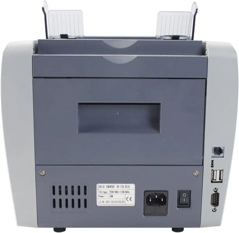 Back view of Built Tough Multi Currency Money Counter Machine With Cis Bill Validation And Auto Serial Number Detection, showing connections.