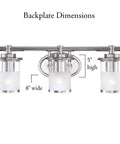 Essence 3 Light Bathroom Vanity Light Fixture In Chrome With Sand Clear Glass Shades Damp Location Rated Steel Construction UL And CUL Certified Three 100W Bulbs Not Included dimensions shown