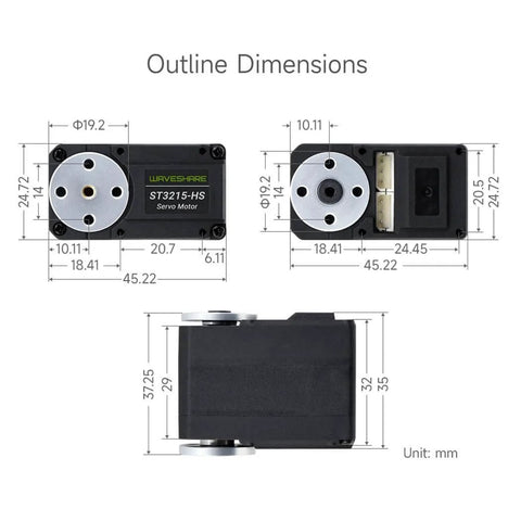 Outline dimensions of 20 Kg-Cm Bus Servo Motor With 360 Degree High Precision Magnetic Encoder, showing front and side views