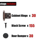 Image showing package with 30 Three Eighths Inch Inset Cabinet Door Hinges Matte Black, 155 black screws, and 30 door bumpers.