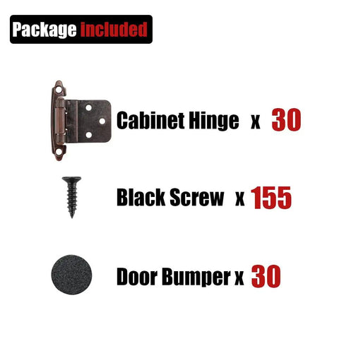 Image showing package with 30 Three Eighths Inch Inset Cabinet Door Hinges Matte Black, 155 black screws, and 30 door bumpers.