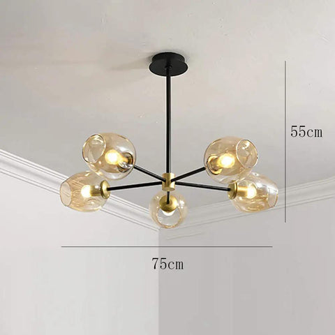 5-Light Sputnik Chandelier With Airblown Glass Globes In Sleek Smoke Grey, 55cm height, 75cm width, iron frame, modern style.