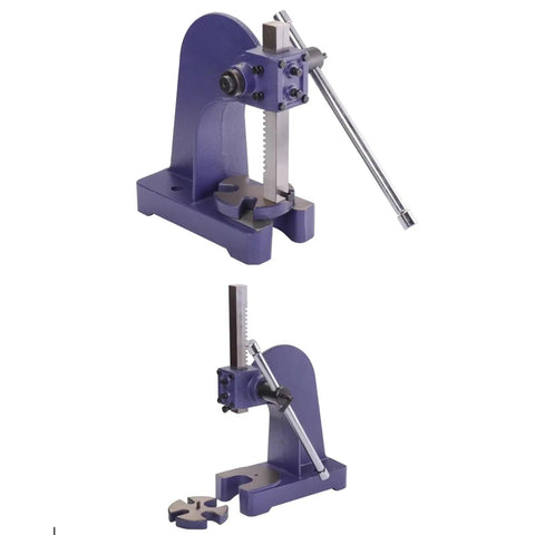 Heavy Duty Cast Iron Arbor Press Rock Solid Benchtop Manual Punch Tool Press Built Like A Tank For Shop Work Featuring Hardened Steel Ram and stable base, side view.