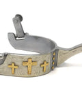 Sweet Iron Triple Cross Spurs For Men With Hand Engraved Silver Overlay And Gold Triple Cross And Dots Motif, 1 Inch Band