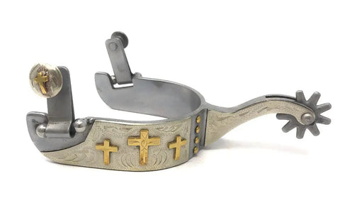 Sweet Iron Triple Cross Spurs For Men With Hand Engraved Silver Overlay And Gold Triple Cross And Dots Motif, 1 Inch Band