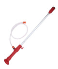 Cordless Stick Water Transfer Pump Kills Heavy Duty Draining With Zero Sweat Generating Five Hundred Fifty Four GPH Flow Pushing Liquid Up Twenty Nine Point Five Feet For Pool Pond And Boat Jobs Plugging Straight Into Standard Twenty Volt Batteries with red handle and hose.