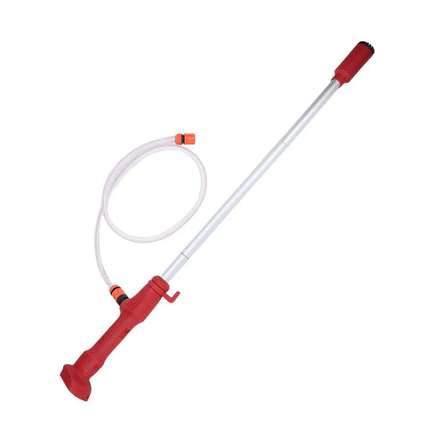 Cordless Stick Water Transfer Pump Kills Heavy Duty Draining With Zero Sweat Generating Five Hundred Fifty Four GPH Flow Pushing Liquid Up Twenty Nine Point Five Feet For Pool Pond And Boat Jobs Plugging Straight Into Standard Twenty Volt Batteries with red handle and hose.
