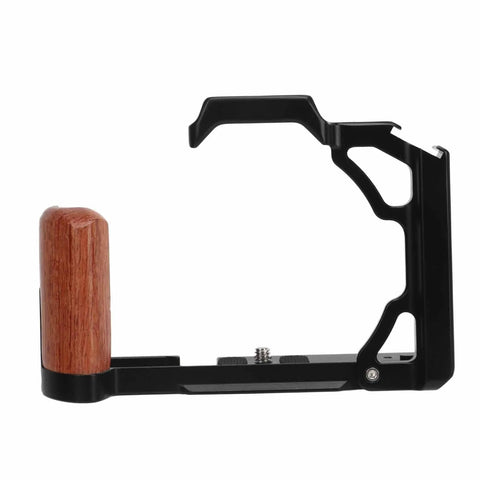 Side view of Wood Handle Aluminum Camera Cage Rig With 1/4 Inch And 3/8 Inch Screw Holes, Cold Shoe Mount, Vertical Video Mounts.