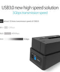 Sleek No Hassle USB 3.0 To Sata Hard Drive Enclosure Dock For 2.5 And 3.5 Inch Drives with 5Gbps transmission speed, shown in black.