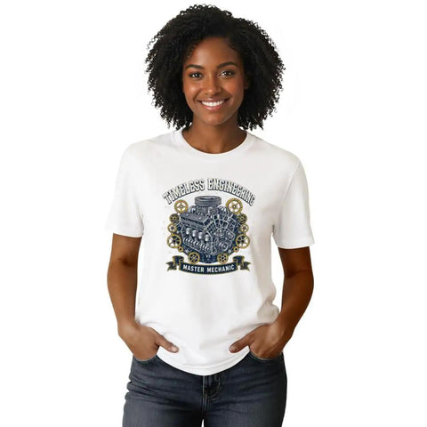Vintage Mechanical Engineer T-Shirt With Blueprint And Gear Prints For Garage Tinkerers Cool Gift Tee For Real Deal Guys Who Love Engine Diagram Art, worn by a smiling woman in white.