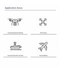 Illustration of GNSS application areas: UAVs, FPV drones, unmanned surface vessels, aerial models for Pro-Grade GNSS Gear.
