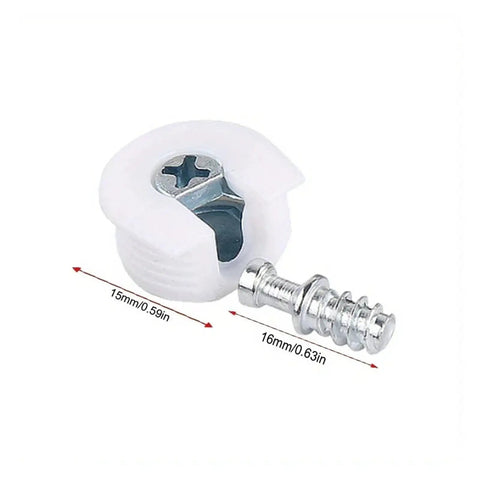 Cam Lock Pins Set For Do It Yourself Furniture And Cabinet Builds, 16 Piece Interlocking Pin And Cam Connector Kit, size details shown.