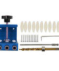 Straight Shooting Aluminum Pocket Hole Drill Guide Dead On Woodworking Jig And Compact Hole Punch Locator For Solid Furniture Assembly And Easy DIY Builds In Blue with screws and drill bits.