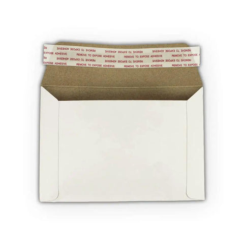 Rigid 6.5 By 4.5 Inch Photo Mailers White Cardboard Stay Flats With Peel And Stick Adhesive open view with adhesive strip visible