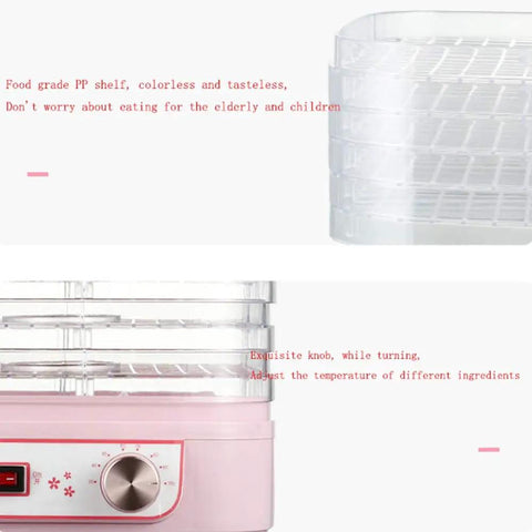 Five Layer Electric Food Dehydrator With Adjustable Shelves For Home Fruit Vegetable And Meat Jerky Drying Countertop appliance with clear PP trays.