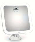 Game Changing 10X Magnifying Lighted Makeup Mirror With Natural Daylight LEDs, compact square shape with locking suction base.