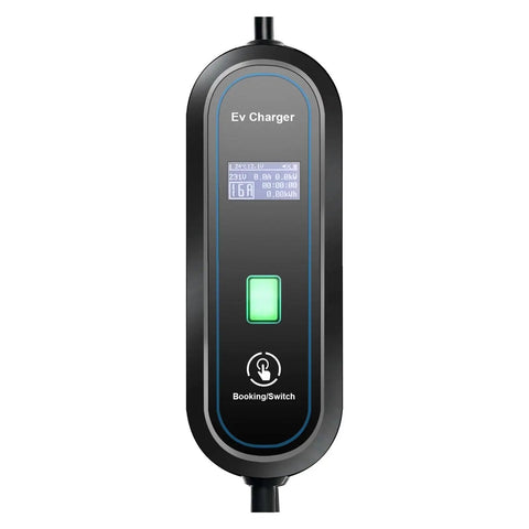 Front view of Level 2 220V Fast Charge EV Charger with Type 2 Connector, featuring display and controls, portable EVSE station.