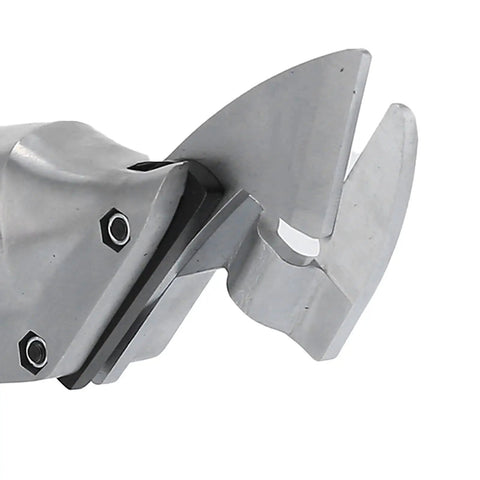Close-up of the chrome steel blade of Garosa Cordless Electric Metal Shears designed for precise cutting.