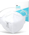 Front view of NIOSH Certified N95 Mask Particulate Respirator For Everyday Use With Adjustable Nose Clip And Latex Free All Day Comfort 95 Percent Filtration Pack Of 10 Model FT N040 TC 84A 7861 Approved next to box packaging.