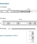 Dimensions diagram of 12 Inch Full Extension Drawer Slides With Ball Bearings for side-mounted drawers, showing measurements and installation gap.