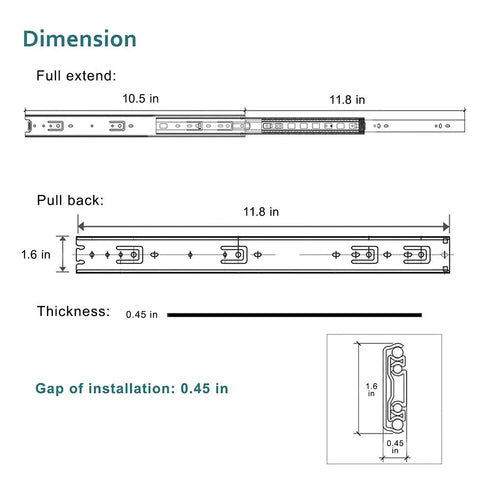 Dimensions diagram of 12 Inch Full Extension Drawer Slides With Ball Bearings for side-mounted drawers, showing measurements and installation gap.