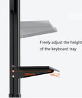Adjustable keyboard tray on Heavy Duty Six Monitor Rolling Cart With Silent Glide Wheels And Adjustable Display Arms.