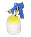 Heavy Duty Stainless Steel Paint Sprayer With 1.5 Mm Siphon Nozzle, blue handle, yellow cap, and white reservoir for auto detailing.