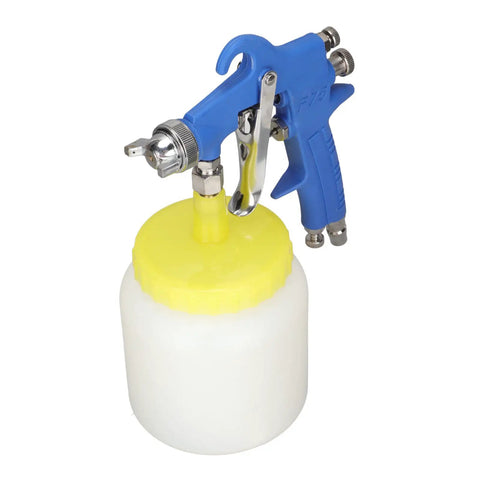 Top Rated 1.5mm Stainless Steel Air Paint Sprayer For Automotive And Industrial Varnish Coating with yellow container.