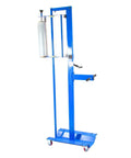 Ergonomic Manual Pallet Wrapper With Adjustable Up To 80 Inch Height For Hassle Free Stretch Film Dispensing Ditch Lower Back Fatigue During Heavy Lifting No Sweat Logistics Gear Smooth Operator Packaging Tool, blue mobile design.