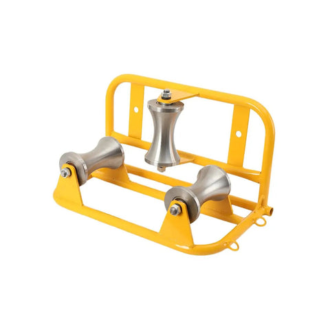 Heavy-Duty Steel Cable Puller Sheave For Large Scale High V And Construction Projects, yellow three-pulley attachment.