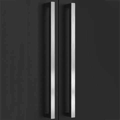 Square Drawer Pulls For Cabinets And Wardrobes In Brushed Stainless Steel on dark cabinet