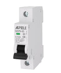 Heavy Duty 10 Amp Single Pole AC Miniature Circuit Breaker 120 240V DIN Rail Mount with lever and green indicator.
