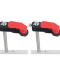 Two Piece Stainless Steel Hold Down Clamps Featuring Slick Quick Release Lever For Bench Dog Tslot Rack and Heavy Duty Woodworking Jig Tasks Rock Solid Grip, showing red levers and stainless steel construction.