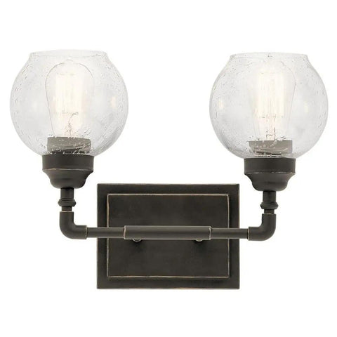 14.75 Inch Two Light Bath Vanity Light In Olde Bronze With Clear Seeded Glass, Industrial Vintage Look for damp locations