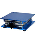 Blue lab jack stand table lift, 8x8 in, with silver roller mechanism and front crank.
