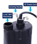 Heavy Duty Submersible Sump Pump Moves 2000 GPH With Tough As Nails Thermoplastic Construction close-up showing power cord and discharge.