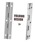 Front and side views of a stainless steel piano hinge pair with screw holes for cabinet doors.