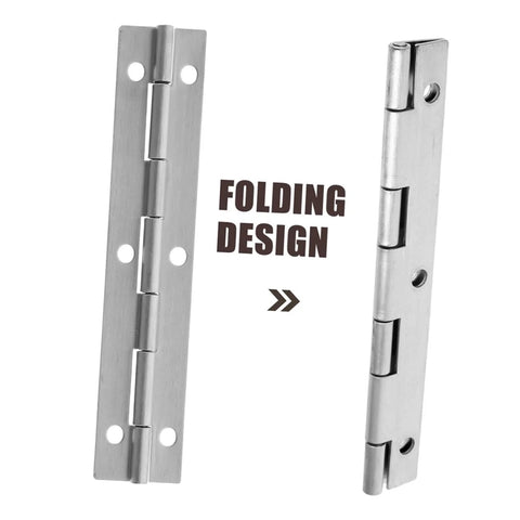 Front and side views of a stainless steel piano hinge pair with screw holes for cabinet doors.