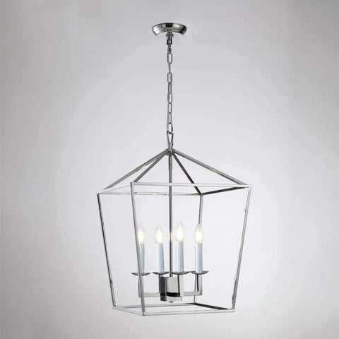 Four Light Lantern Pendant With Industrial Geometric Steel Cage And Candle-Style Bulbs, Chrome Finish Chandelier For Foyer, Hallway, And Dining Room, Modern Iron Art Ceiling Light Fixture - side view showing cage design and chain