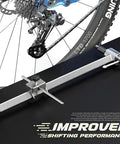 Derailleur Hanger Alignment Gauge Tool For Bikes With 20 To 29 Inch Wheels Pro Grade Stainless Steel 304 shown beside a bike wheel