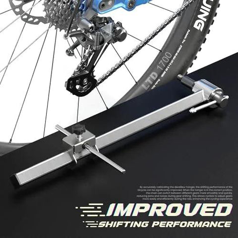 Derailleur Hanger Alignment Gauge Tool For Bikes With 20 To 29 Inch Wheels Pro Grade Stainless Steel 304 shown beside a bike wheel