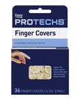 Box of Protechs Finger Covers with 36 Finger Cots For Wound Care And Hygiene 36 Disposable Latex Finger Covers For Protecting Cuts And Injuries Snug Comfy Fit Keeps Dirt And Moisture Out During Healing Great For Everyday Wound Care And Hygiene On The Go in various sizes S/M/L visible.