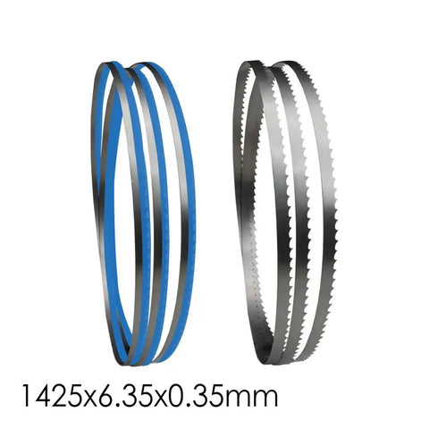 Premium Sk5 Carbon Spring Steel Bandsaw Blades Two Pack, 1425mm x 6.35mm x 0.35mm, for wood, metal, and plastic cutting.