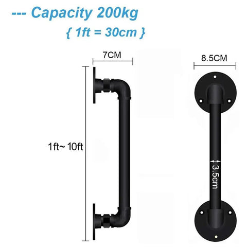 Rock Solid Adjustable Stair Banister Handrail One To Twenty Feet Indoor Outdoor Loft Railing With Hella Smooth Wrought Iron Galvanized Pipe and Industrial Wall Mounted Non Slip Safety Grip Heavy Duty Metal dimensions with capacity details.