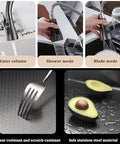Multifunctional Stainless Steel Waterfall Faucet for Large Single Bowl Sinks - Honeycomb Pattern Design, Easy Installation and Durable Performance showing water column, shower mode, and blade mode.