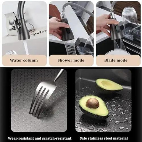 Multifunctional Stainless Steel Waterfall Faucet for Large Single Bowl Sinks - Honeycomb Pattern Design, Easy Installation and Durable Performance showing water column, shower mode, and blade mode.