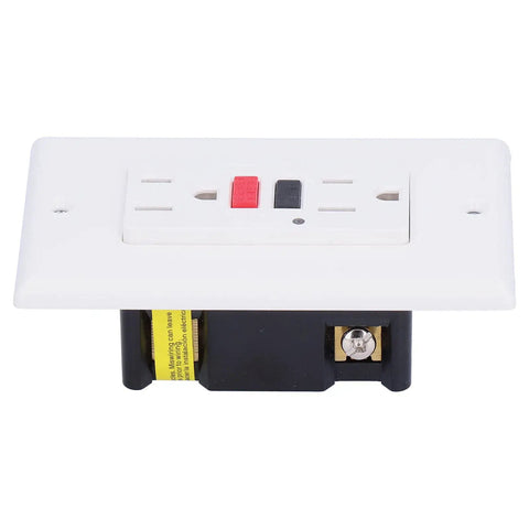 No Sweat GFCI Wall Outlet With Independent Safety Shutter Doors And Rock Solid Ground Fault Leakage Protection For Your Home Electrical Fix Ups At AC One Twenty Volts, showing front view with safety features.