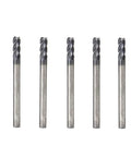 Front view of five 4mm carbide end mills with silver shanks and dark fluted tips (5-piece set).