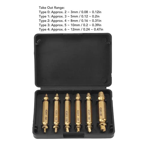 Get The Ultimate 6 Piece HSS 4341 Double Head Damaged Screw Extractor Kit For Stripped Bolts And Broken Fasteners In Sizes 2 To 12mm Made Tough With Titanium Coated Steel For Easy Removal Any Day, 6-piece set in case